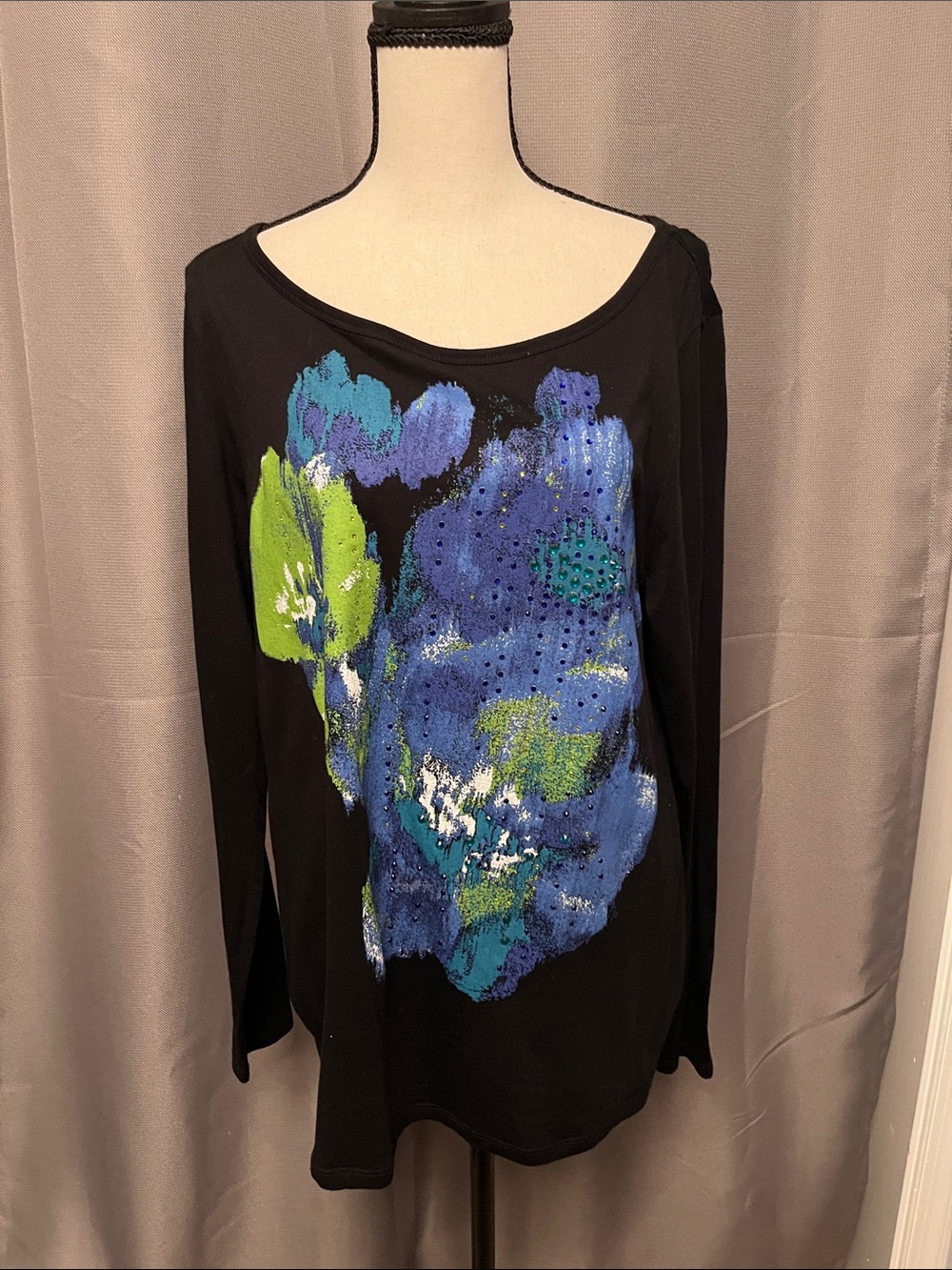 Chaus Black Long-Sleeve Tee with Blue & Green Floral Print